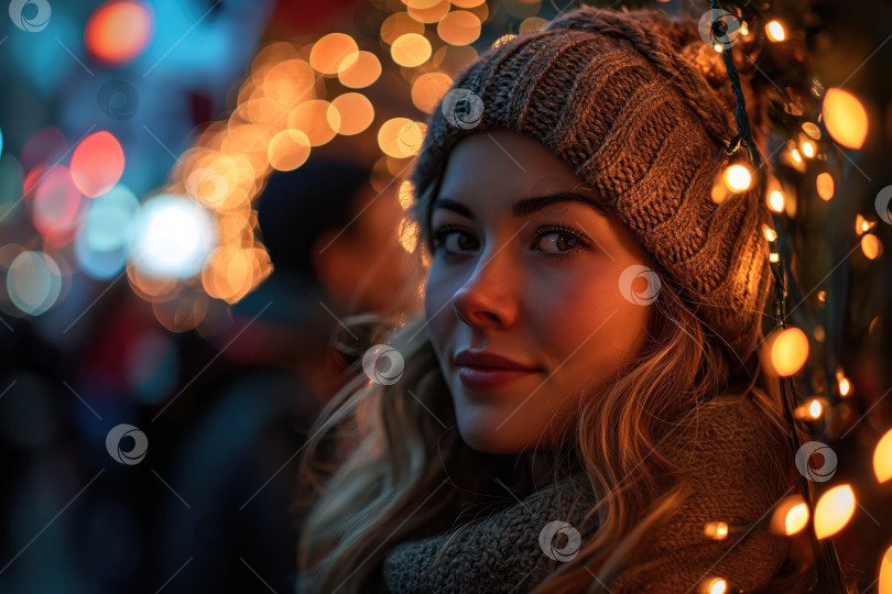 Скачать портрет молодой женщины на открытом воздухе в зимнем городе на фоне рождественской елки со светящейся гирляндой фотосток Ozero