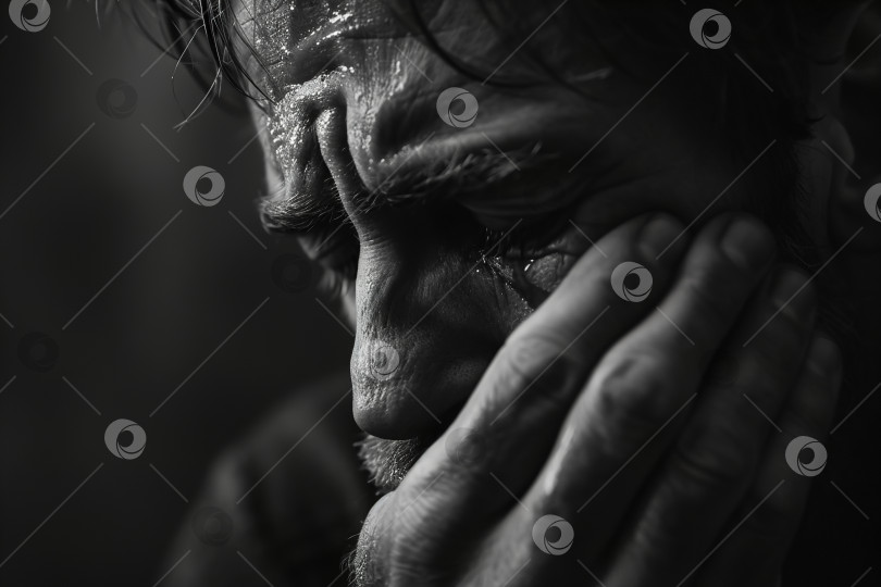 Скачать Горе или грусть, крупный план страдающего, плачущего взрослого мужчины, закрывающего лицо рукой фотосток Ozero