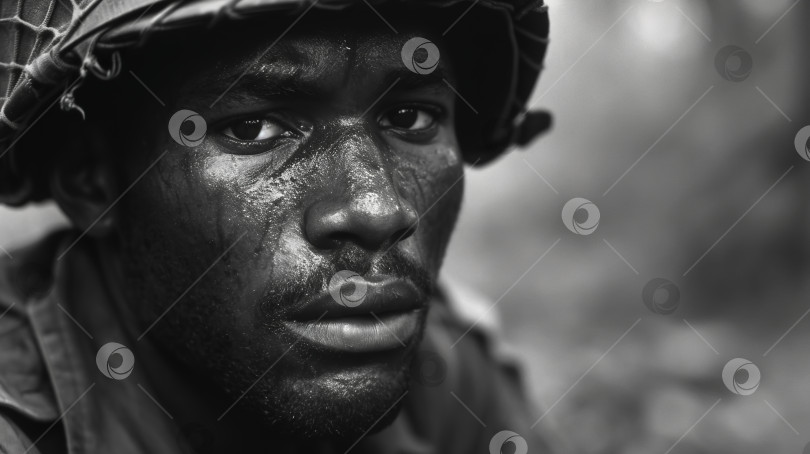 Скачать Грустный усталый афроамериканец-солдат в каске смотрит в камеру на открытом воздухе. День войны во Вьетнаме. Монохромный кинопортрет фотосток Ozero