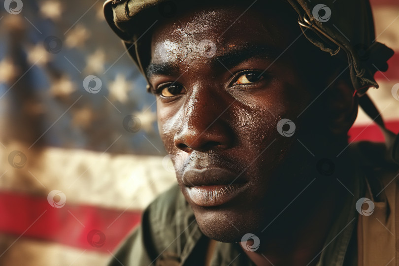 Скачать Портрет потного уставшего афроамериканца-мужчины-солдата-патриота на фоне американского флага, смотрящего в камеру фотосток Ozero