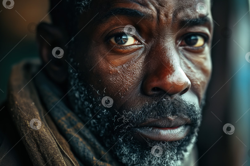Скачать Одинокий афроамериканец, испытывающий эмоции. Взрослый грустный мужчина смотрит в камеру фотосток Ozero