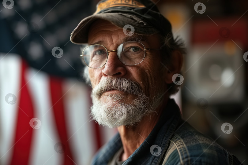 Скачать День ветеранов вьетнамской войны в США. Портрет пожилого белого мужчины, стоящего на фоне американского флага и смотрящего в камеру фотосток Ozero