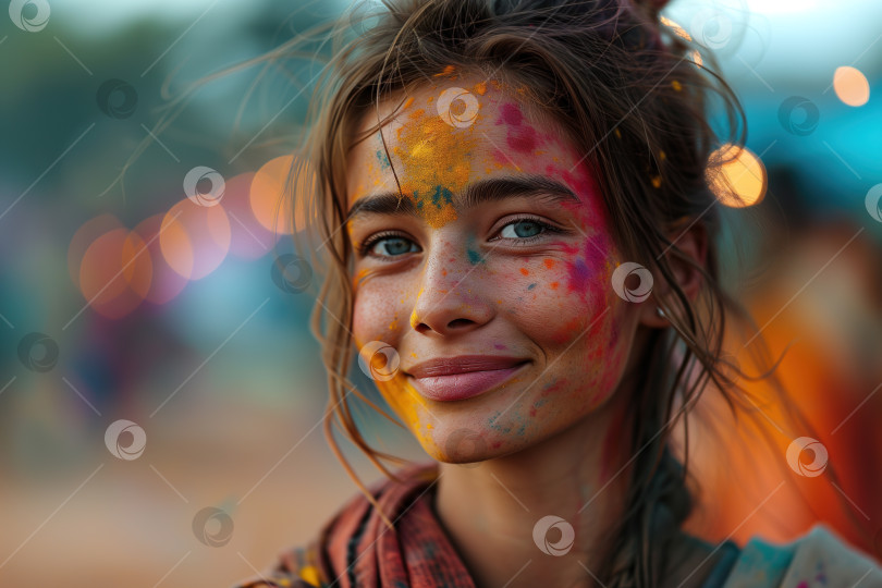 Скачать Фестиваль Холи. Портрет улыбающейся красивой молодой женщины с краской на лице спереди, смотрящей в камеру на открытом воздухе фотосток Ozero