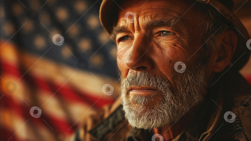 Скачать Гордый пожилой кавказский мужчина-ветеран на фоне американского флага, смотрящий в сторону, скопируйте пространство. Концепция Дня ветеранов войны в США фотосток Ozero