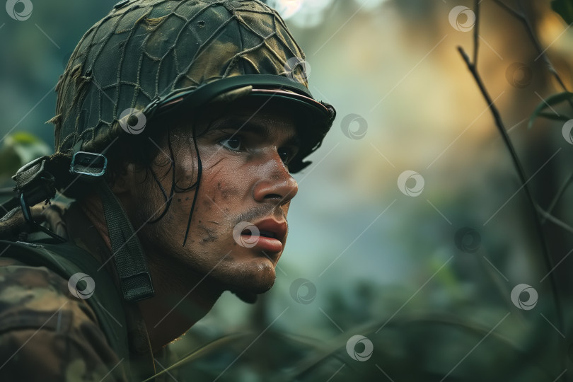Скачать Спрятанный молодой мужчина-солдат в каске во вьетнамских джунглях, Вьетнамская война фотосток Ozero