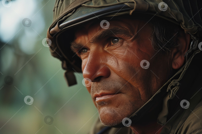 Скачать Серьезный ветеран-мужчина средних лет, солдат в каске, Вьетнамская война фотосток Ozero