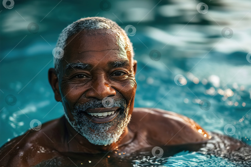 Скачать Летние каникулы, позитивный жизнерадостный пловец афроамериканец старшего возраста, расслабляющийся в воде в бассейне на открытом воздухе в солнечный день и смотрящий в камеру фотосток Ozero