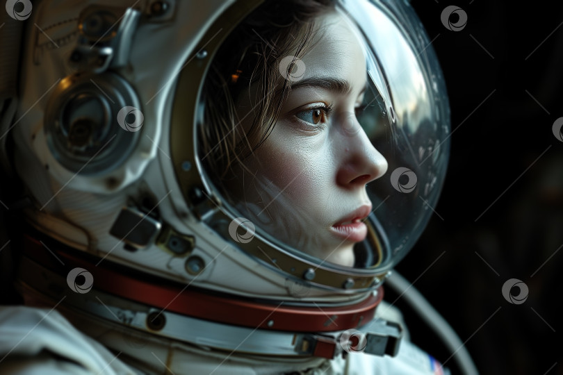 Скачать Космическое путешествие, кавказская женщина-астронавт. Портрет красивой молодой женщины в скафандре и шлеме, смотрящей вдаль, галактика, вид сбоку фотосток Ozero