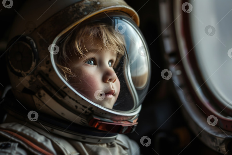 Скачать Ребенок-астронавт, вид сбоку на лицо симпатичного малыша в скафандре и шлеме, смотрящего в сторону фотосток Ozero