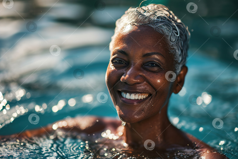 Скачать Летние каникулы, позитивная жизнерадостная пловчиха афроамериканка средних лет, расслабляющаяся в воде в бассейне на открытом воздухе в солнечный день и смотрящая в камеру фотосток Ozero