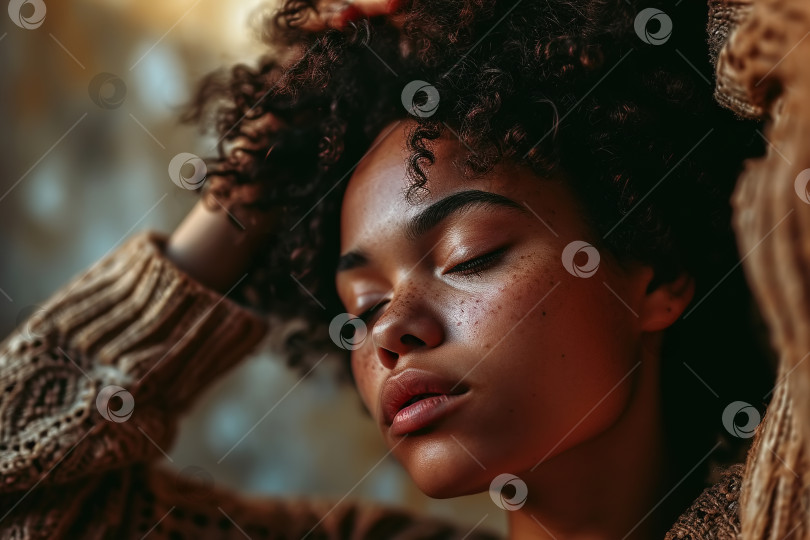 Скачать Женственность, красивая афроамериканская молодая женщина с веснушками и с закрытыми глазами, трогательная прическа в стиле афро фотосток Ozero