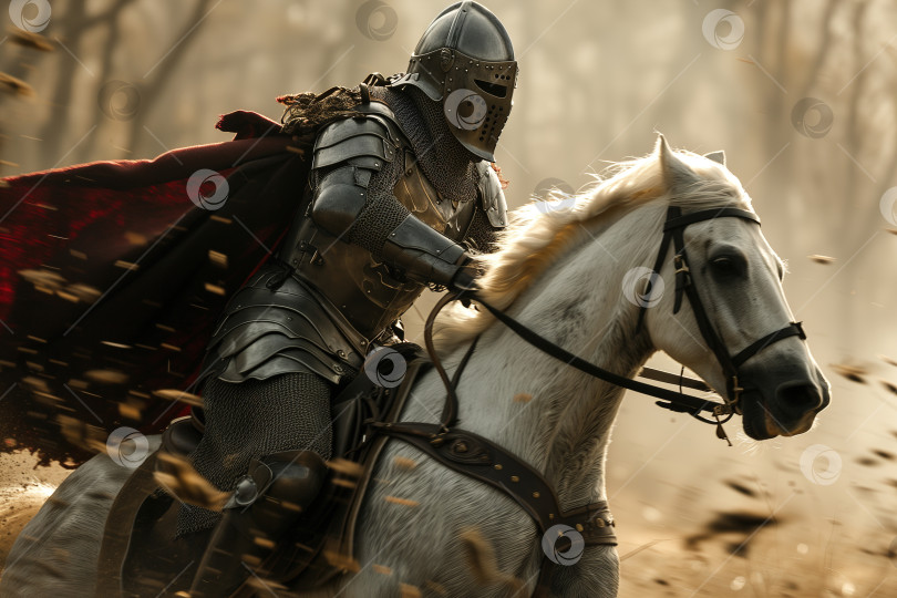 Скачать Рыцарь на коне. Средневековый воин в доспехах, шлеме и плаще верхом на лошади в лесу фотосток Ozero