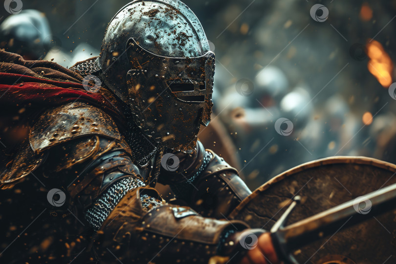 Скачать Грязный рыцарь бежит в атаку с мечом и щитом, размытое изображение в движении фотосток Ozero