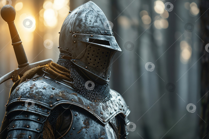 Скачать Вид сбоку на грозного рыцаря в стальных доспехах, шлеме и с мечом, стоящего в лесу солнечным утром фотосток Ozero