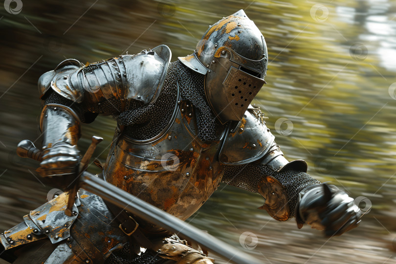 Скачать Средневековый рыцарь в доспехах и с мечом атакует в лесу на открытом воздухе, вид сбоку в размытом движении фотосток Ozero