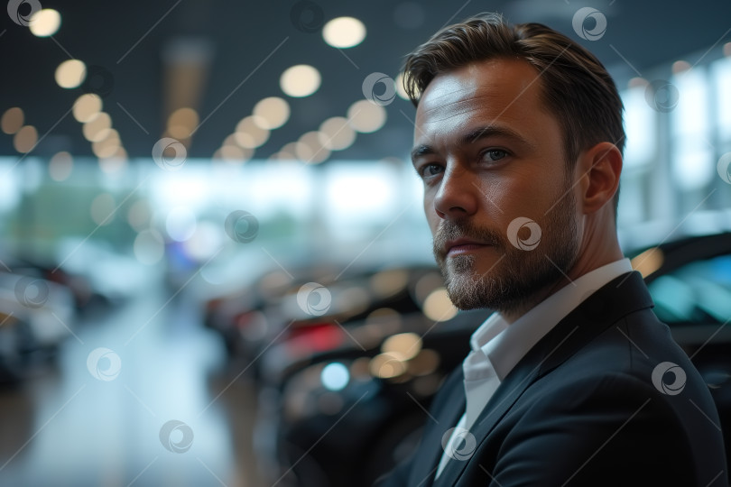 Скачать Уверенный в себе продавец в автосалоне. Портрет мужчины в костюме, стоящего на фоне автомобилей в помещении и смотрящего в сторону фотосток Ozero