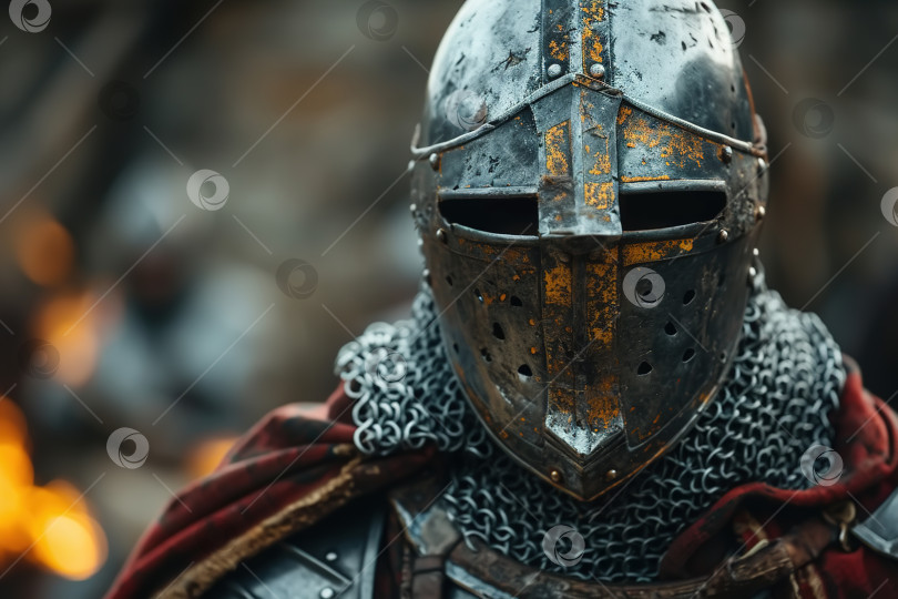 Скачать Рыцарь в шлеме, портретный вид спереди грозного средневекового воина-тамплиера в стальных доспехах, смотрящего в камеру фотосток Ozero