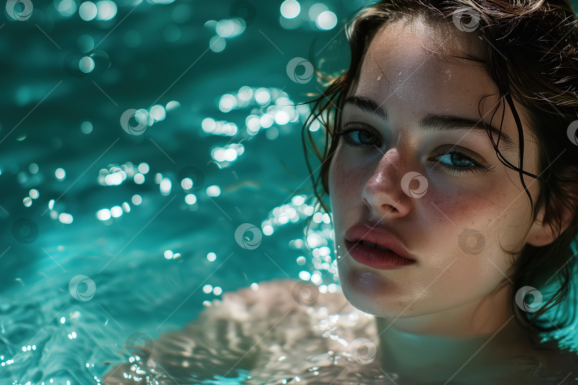 Скачать Беззаботная молодая женщина кавказской внешности плавает в воде в бассейне, глядя в камеру. фотосток Ozero