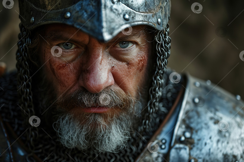 Скачать Портрет старшего мужчины-рыцаря, средневекового воина в железном открытом шлеме, смотрящего в камеру фотосток Ozero