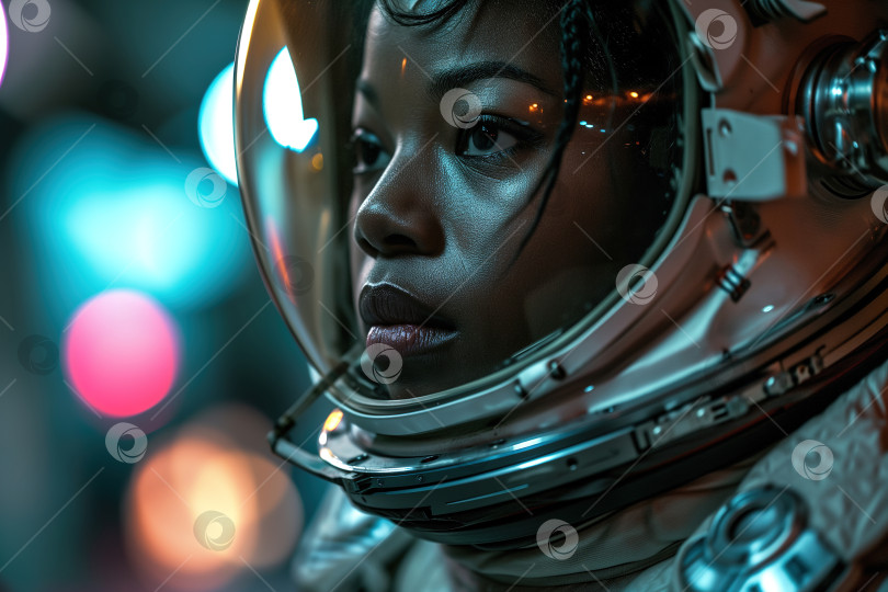Скачать Афроамериканка-астронавт. Портрет взрослой женщины в скафандре, смотрящей в сторону, вид сбоку фотосток Ozero