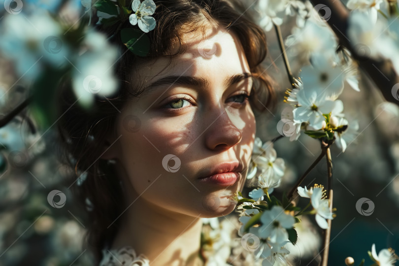 Скачать Портрет красивой молодой женщины в весеннем цветущем саду фотосток Ozero
