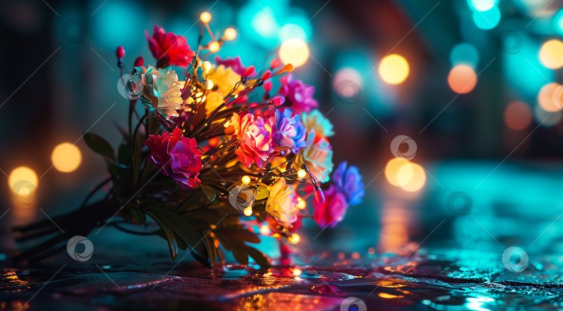 Скачать Букет цветов, подсвеченный светодиодными лампочками, сгенерированный искусственным интеллектом фотосток Ozero