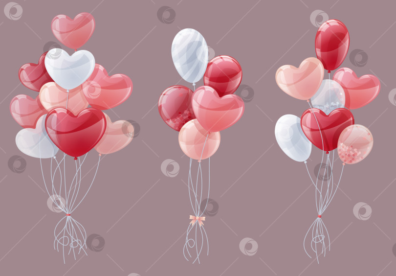Скачать Набор букетов из красных и розовых воздушных шаров на изолированном фоне. Воздушные шары в форме сердца на День Святого Валентина, свадьбу, праздник. фотосток Ozero