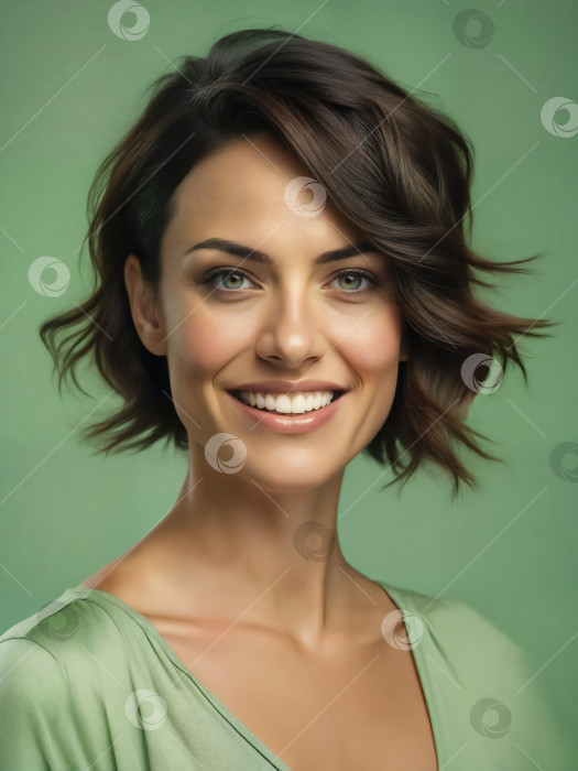 Скачать Портрет улыбающейся женщины средних лет, выделенный на простом зеленом фоне фотосток Ozero