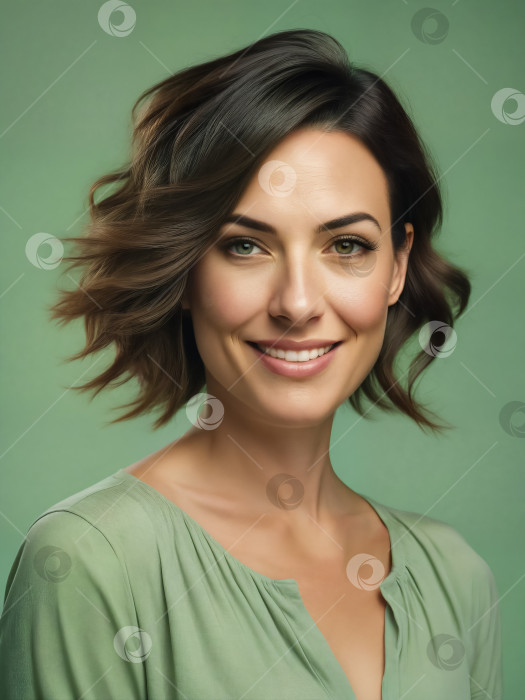 Скачать Портрет улыбающейся женщины средних лет, выделенный на простом зеленом фоне фотосток Ozero