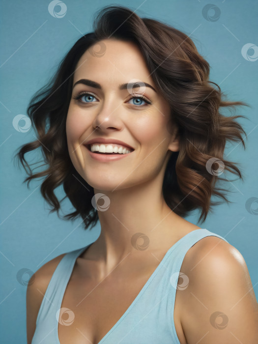 Скачать Портрет улыбающейся женщины средних лет, выделенный на простом синем фоне фотосток Ozero