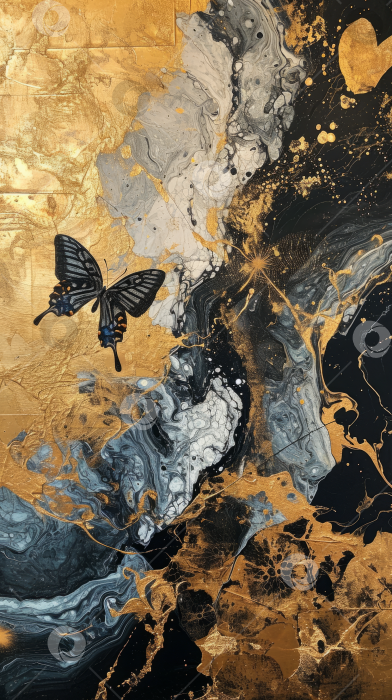 Скачать Элегантная черная бабочка на роскошном фоне из золота и черного мрамора, идеально подходящая для утонченного и стильного дизайна. фотосток Ozero