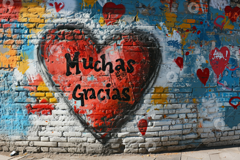 Скачать Яркое уличное искусство в виде сердца с надписью "Muchas Gracias", граффити на кирпичной стене, выражающее благодарность и любовь, красочный городской фон. фотосток Ozero