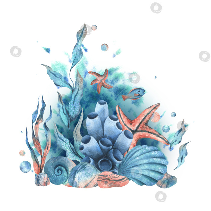 Скачать Клипарт подводного мира с морскими животными, морскими звездами, ракушками, кораллами и водорослями. Рисованная акварельная иллюстрация. Готовая композиция, выделенная на фоне. фотосток Ozero