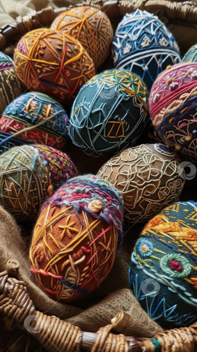 Скачать Разноцветные вышитые пасхальные яйца в корзинке, замысловатые узоры, праздничное оформление. фотосток Ozero