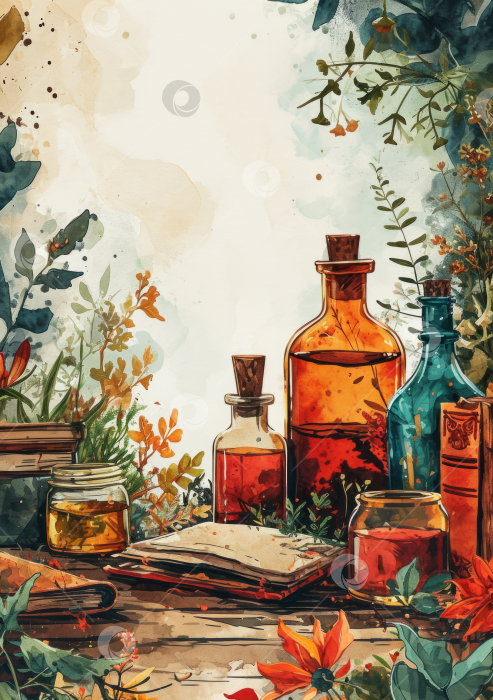 Скачать Старинные бутылки и книги акварелью, ботанические иллюстрации, старомодная аптека, разноцветные стеклянные банки, цветочные композиции, художественные работы на старинных бутылочках для зелий. фотосток Ozero