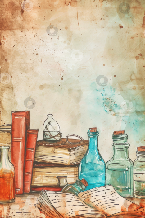 Скачать Акварельная иллюстрация к старинной книге и стеклянным бутылкам с текстурой старой бумаги. фотосток Ozero
