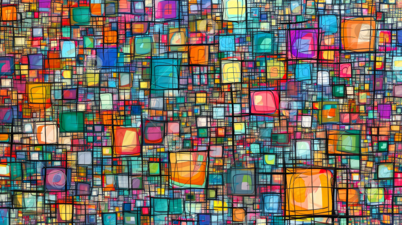 Скачать Яркий узор из разноцветных квадратов, абстрактное цифровое искусство в жизнерадостных тонах, для фона креативного дизайна. фотосток Ozero