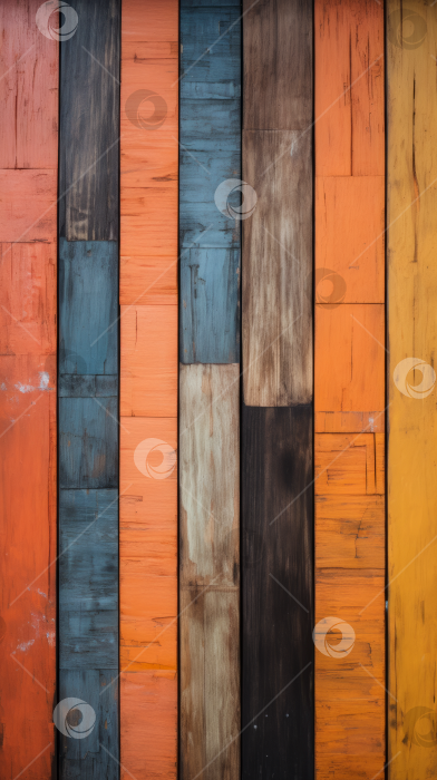 Скачать Потертые деревянные доски, окрашенные в яркие красные, синие, желтые и оранжевые тона, на деревенском фоне создают гранжевую текстуру или винтажный декор. фотосток Ozero