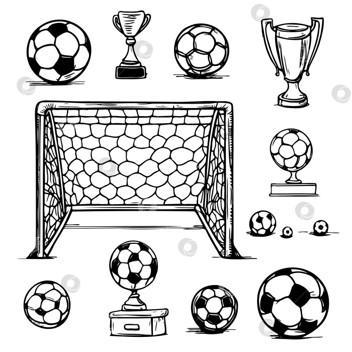 Скачать Нарисуйте футбольные элементы. Нарисованный от руки футбольный мяч, кубок чемпионата и футбольный мяч фотосток Ozero