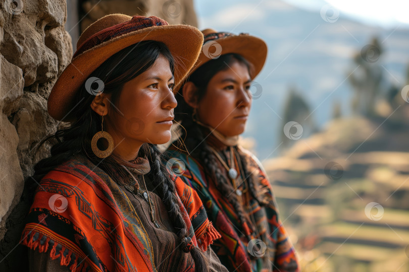 Скачать перуанцы в национальной одежде на фоне горного пейзажа фотосток Ozero