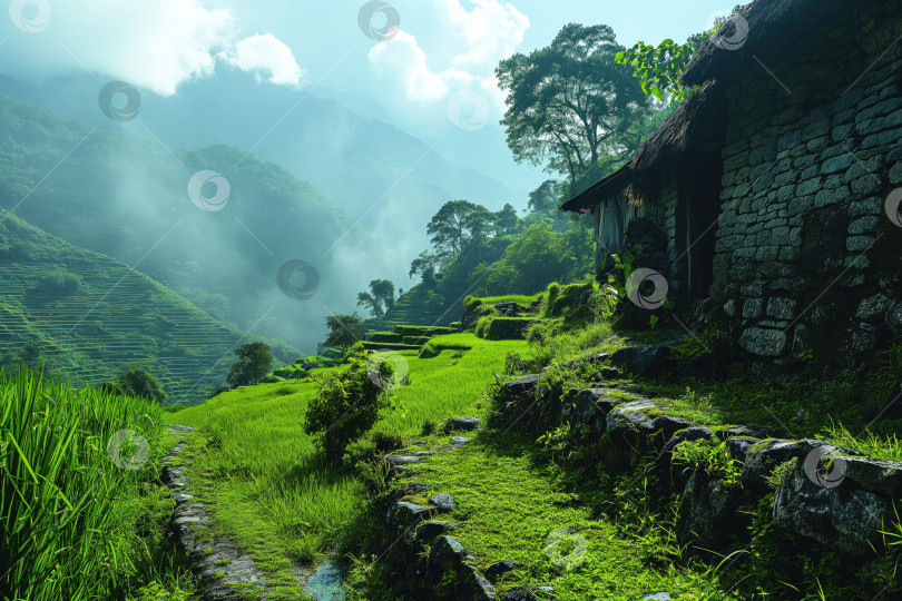 Скачать высокогорный тропический горный сельский пейзаж с террасированными полями фотосток Ozero
