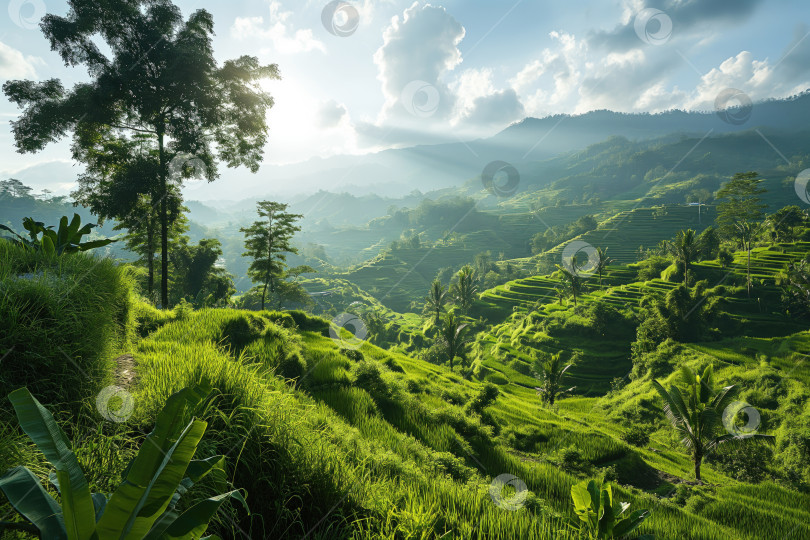 Скачать зеленый тропический горный пейзаж с террасированными полями фотосток Ozero