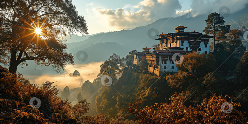 Скачать древний азиатский замок на утесе над красивой горной долиной фотосток Ozero