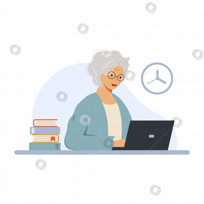 Скачать счастливая бабушка с ноутбуком. Пожилая женщина проходит онлайн-курс. Дистанционное обучение для всех возрастов. фотосток Ozero