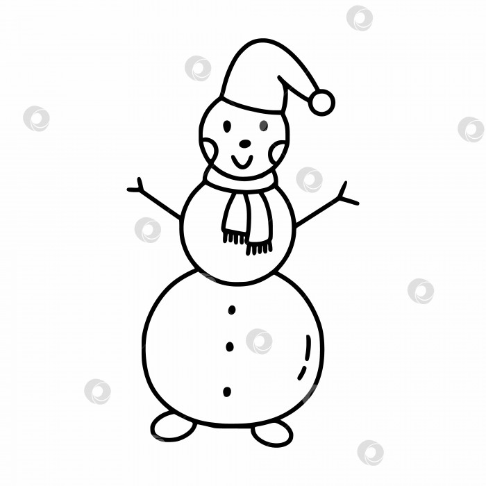 Скачать Забавный снеговик в стиле каракули. Зимний персонаж для детской книжки-раскраски. Линейная иконка на Рождество и Новый год. Декор открытки. фотосток Ozero