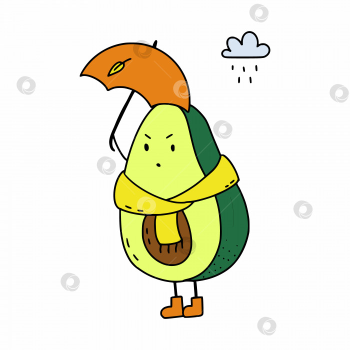 Скачать Симпатичный авокадо с зонтиком под дождем. Осенняя иллюстрация в стиле каракули. Наклейка для социальной сети. фотосток Ozero
