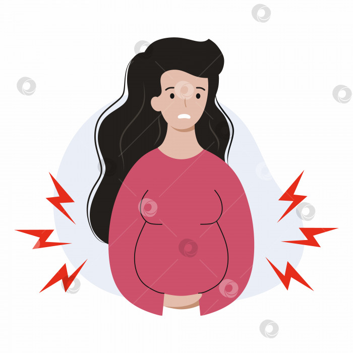Скачать Беременная женщина испытывает дискомфорт в животе. Проблемы с беременностью. Угроза выкидыша. Период беременности. Родовые схватки. фотосток Ozero