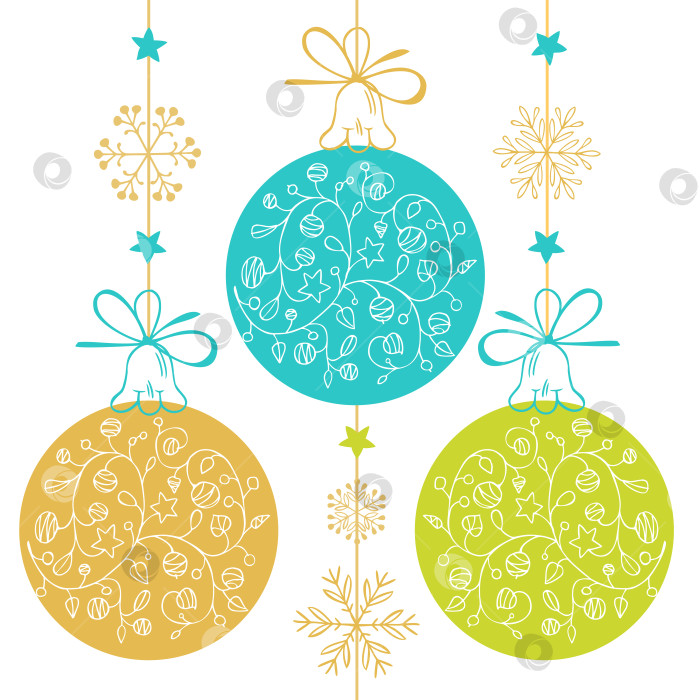 Скачать Рождественский рисованный векторный набор с веткой рождественской елки, шарами, снежинками и звездами. Новогодний фон фотосток Ozero
