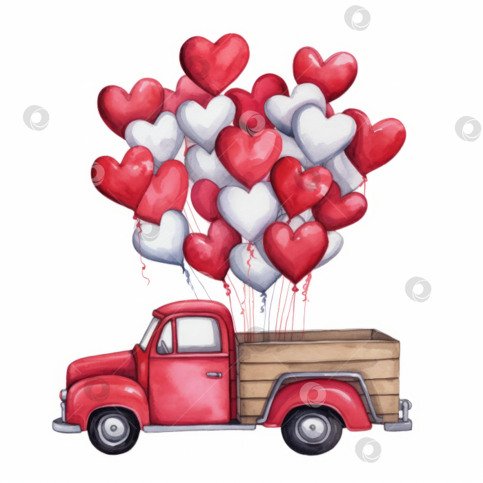 Скачать Винтажный красный грузовик, полный разноцветных сердечек, концепция доставки любви, тематическая иллюстрация ко Дню Святого Валентина, праздничное оформление. фотосток Ozero