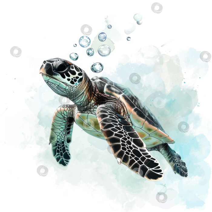 Скачать Иллюстрация плавания морской черепахи, подводная морская жизнь, реалистичные водные животные, пузыри, акварельный синий фон. фотосток Ozero